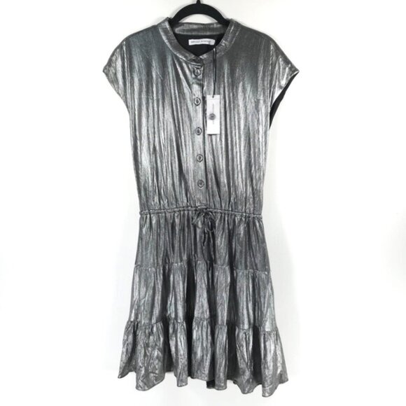 NWT REBECCA MINKOFF OLLIE Gray Silver GUNMETAL Shiny Button Mini Dress MEDIUM - Picture 8 of 16